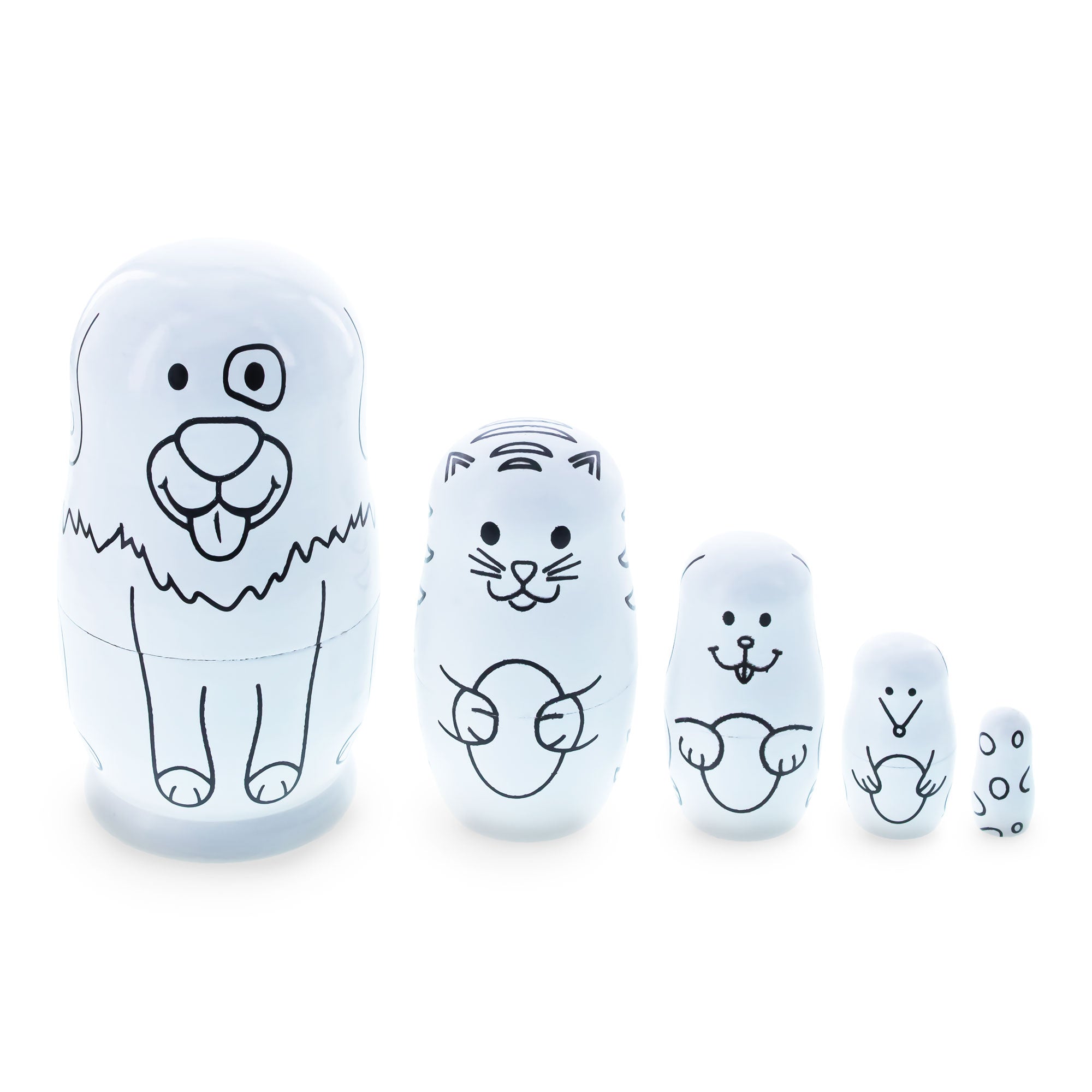 5 Unpainted Animals Wooden Nesting Figurines 4.75 Inches in White color
