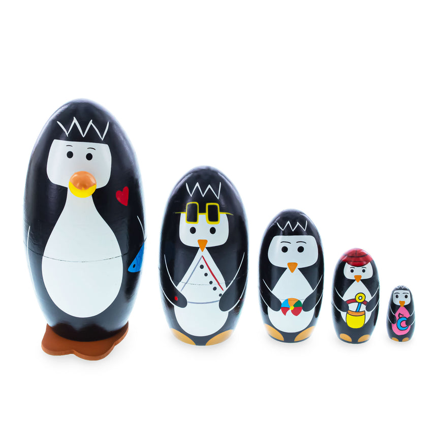 Set of 5 Penguins Wooden Nesting Dolls 5 Inches in Black color