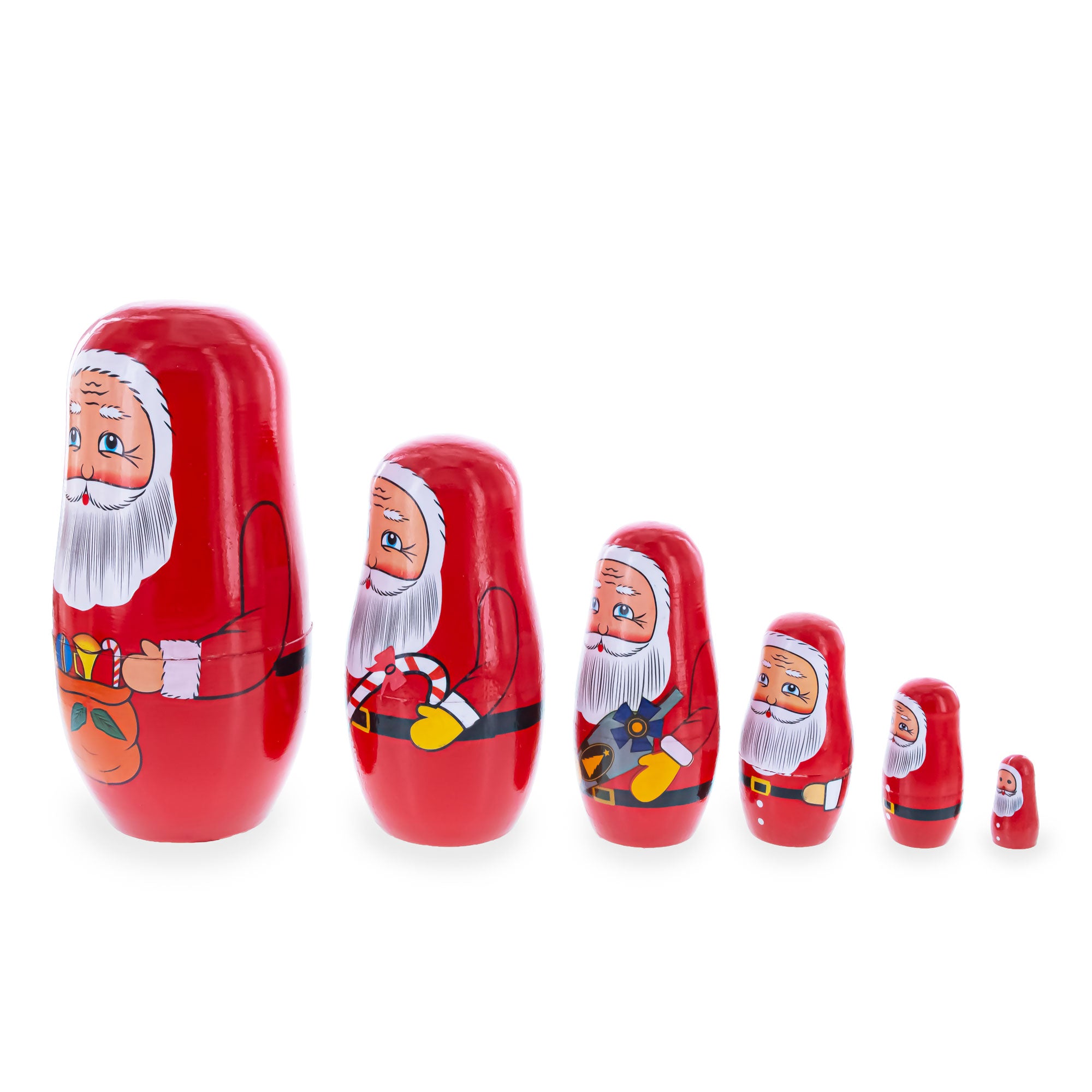 Set of 6 Santa with Christmas Gifts Wooden Nesting Dolls 5.5 Inches , dimensions in inches: 5.5 x 7 x