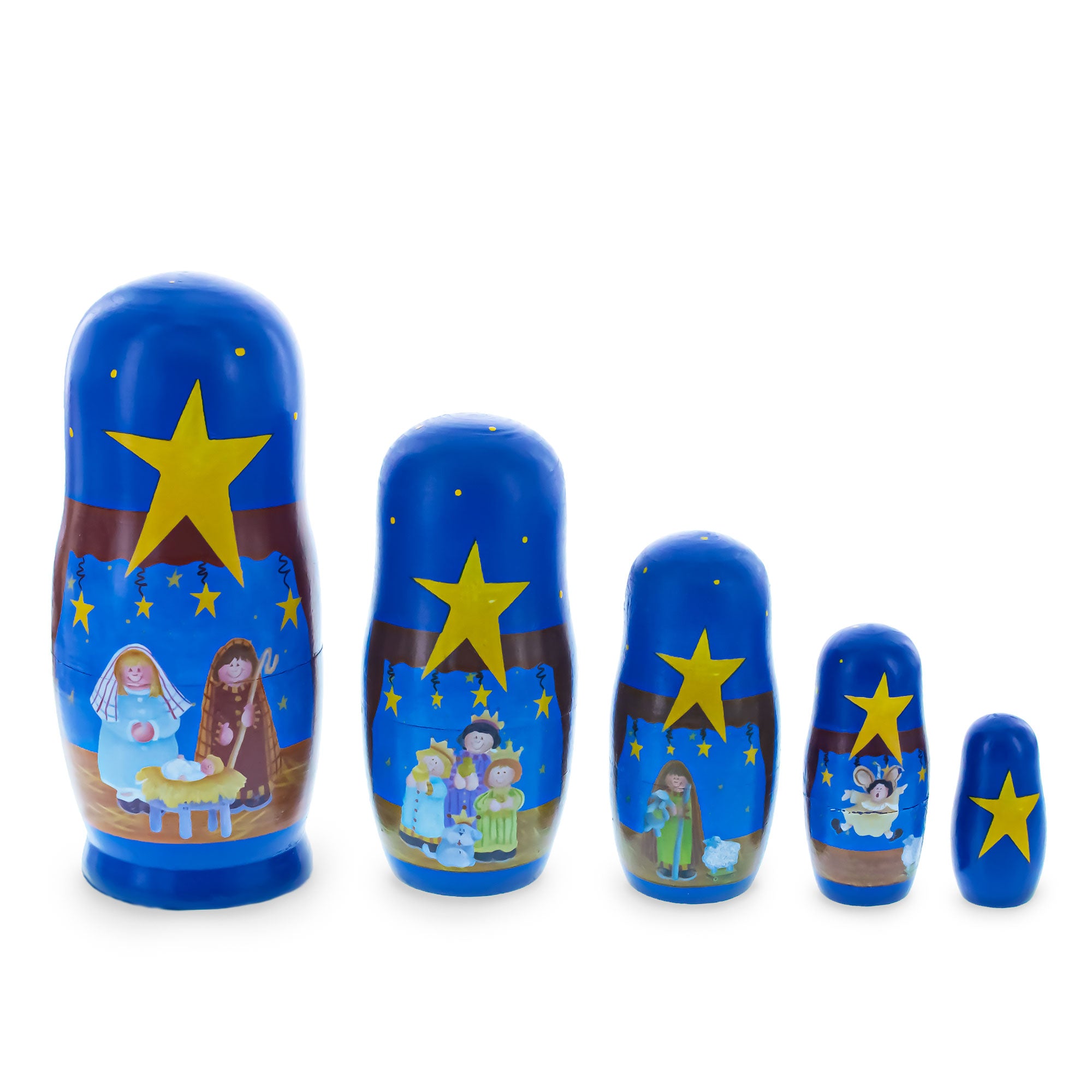 Set of 5 Nativity Scene Set Wooden Nesting Dolls 5.75 Inches in Blue color