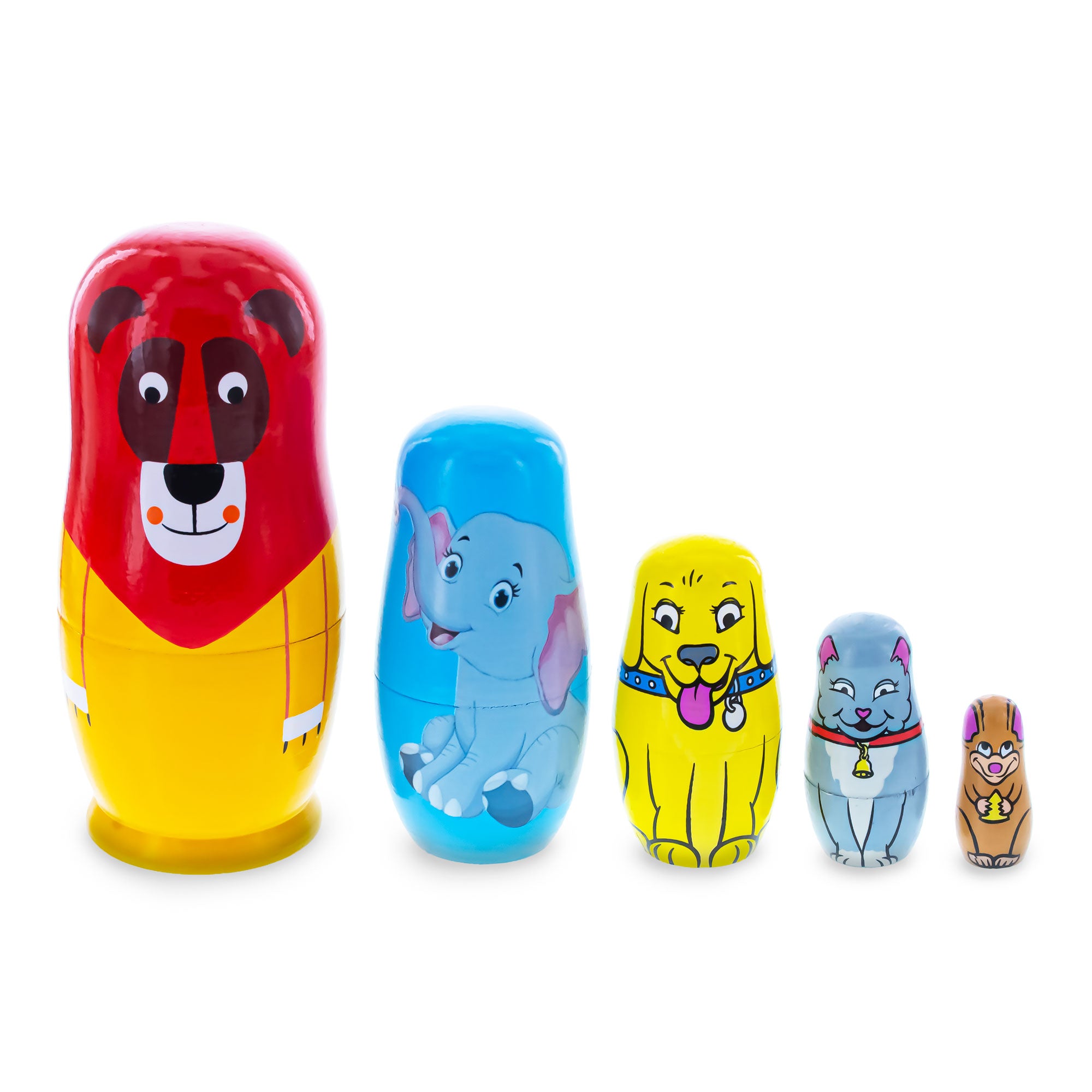 5 Animals Lion, Elephant, Dog & Cat Wooden Nesting Dolls 5.75 Inches in Orange color