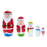Set of 5 SantaCople and Snowmen Wooden Nesting Dolls 5.5 Inches in Red color