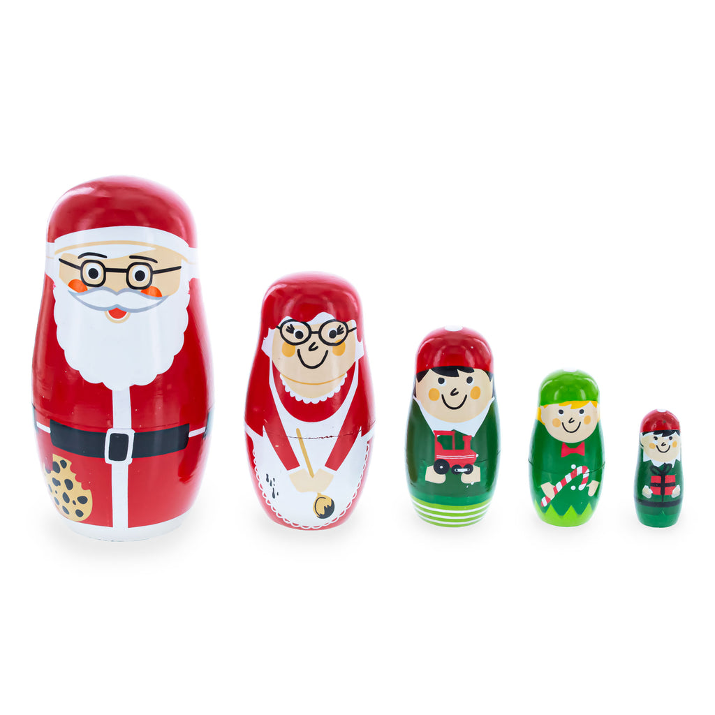 Set of 5 Santa, Mrs. Claus, Elf & Snowman Wooden Nesting Dolls 4.75 Inches in Red color
