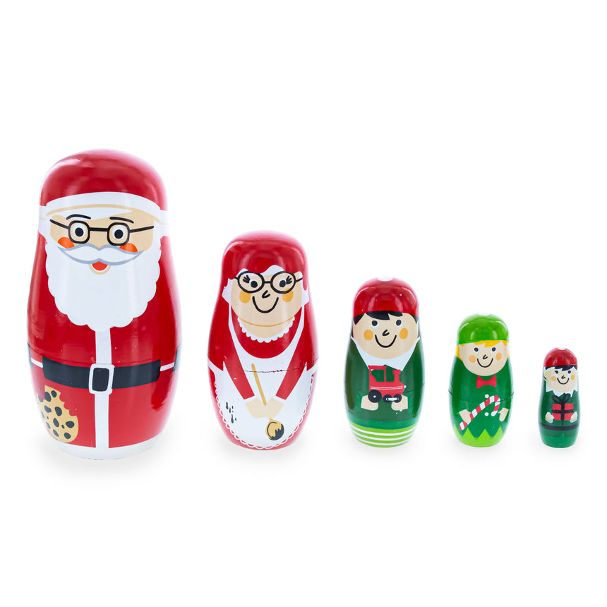 Set of 5 Santa, Mrs. Claus, Elf & Snowman Wooden Nesting Dolls 4.75 Inches in  color