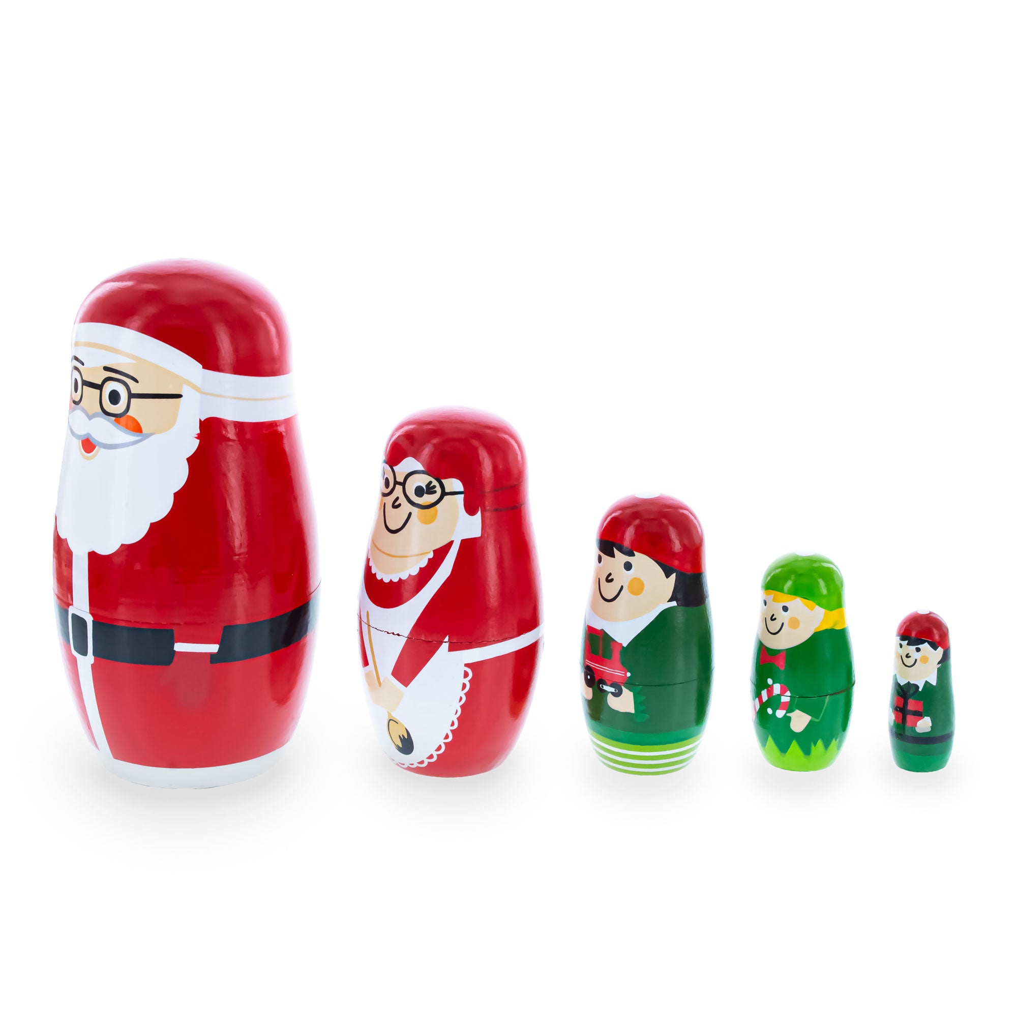 Set of 5 Santa, Mrs. Claus, Elf & Snowman Wooden Nesting Dolls 4.75 Inches , dimensions in inches: 4.75 x 1.8 x