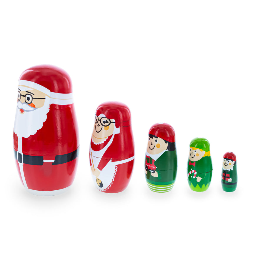 Set of 5 Santa, Mrs. Claus, Elf & Snowman Wooden Nesting Dolls 4.75 Inches , dimensions in inches:  x  x