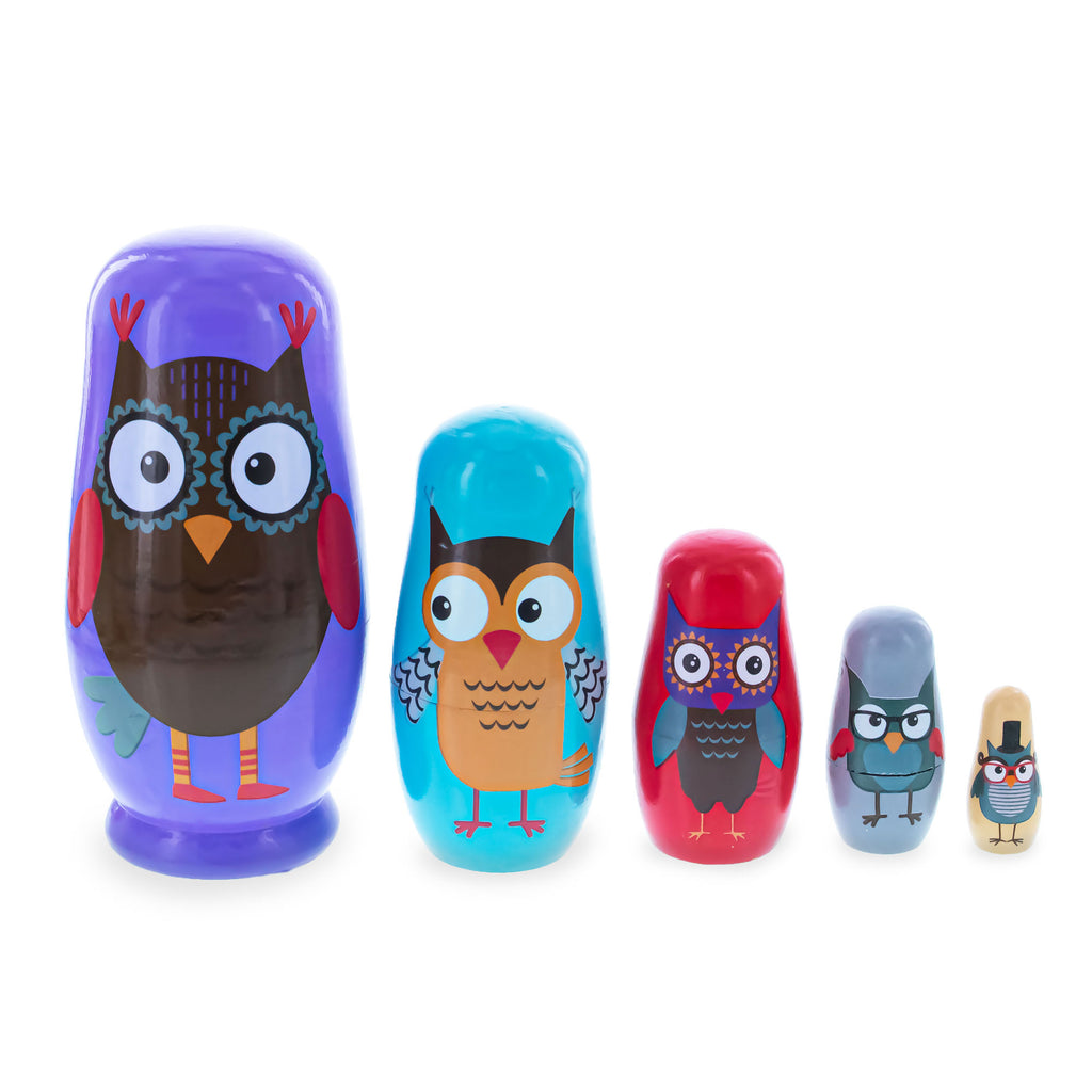 Set of 5 Wise Owls Family Wooden Nesting Dolls 5.75 Inches in Purple color