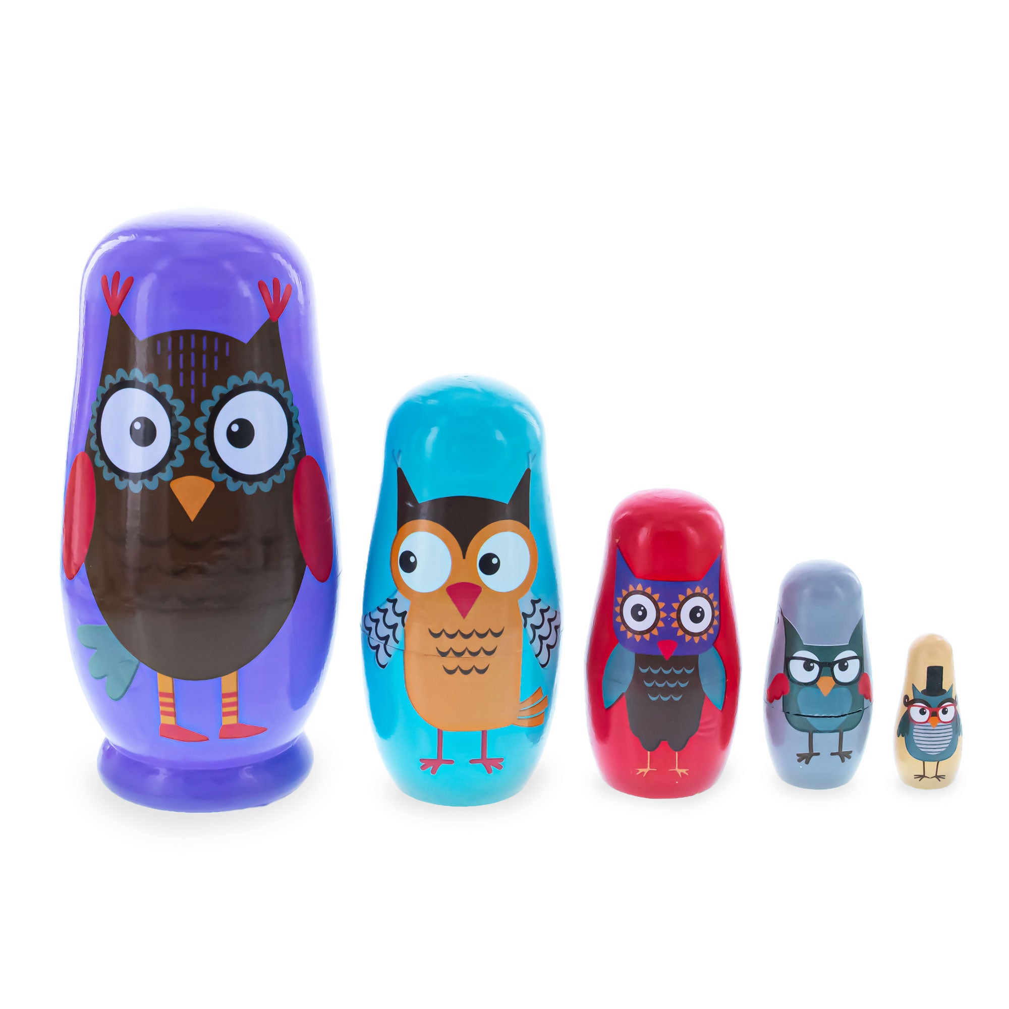 Set of 5 Wise Owls Family Wooden Nesting Dolls 5.75 Inches in Purple color