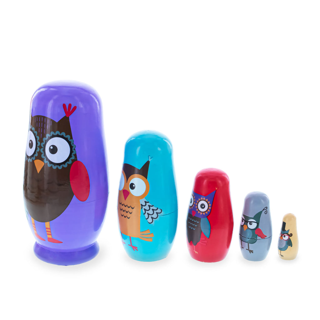 Set of 5 Wise Owls Family Wooden Nesting Dolls 5.75 Inches , dimensions in inches: 5.75 x 1.8 x