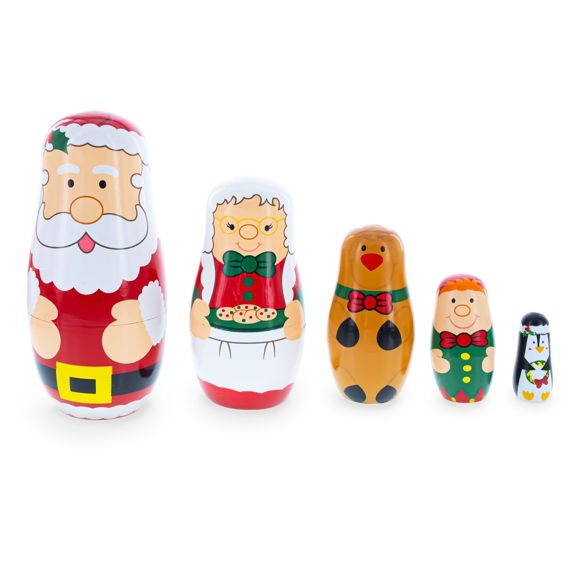 Santa, Mrs. Claus, Reindeer, Elf Wooden Nesting Dolls 6 Inches in Red color