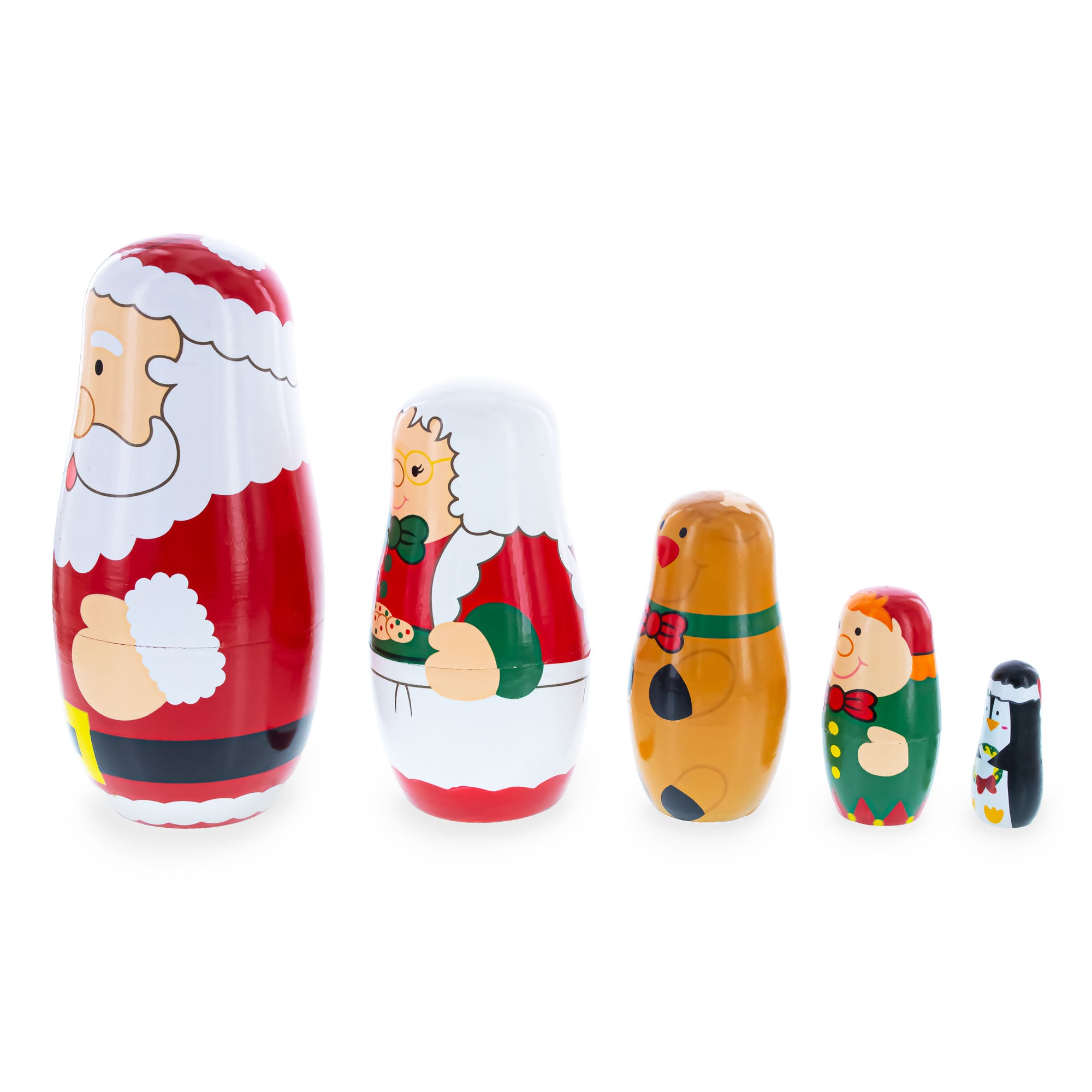 Santa, Mrs. Claus, Reindeer, Elf Wooden Nesting Dolls 6 Inches , dimensions in inches: 6 x 3.6 x