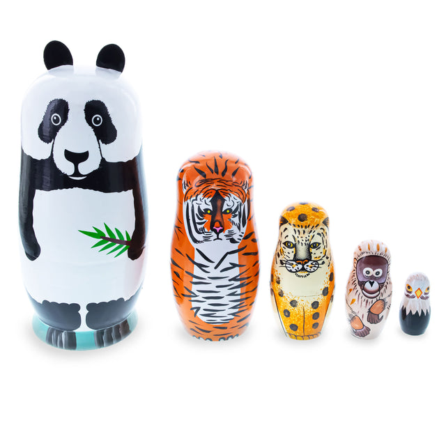 Panda, Tiger, Leopard, Monkey, Eagle Wooden Nesting Dolls in Multi color
