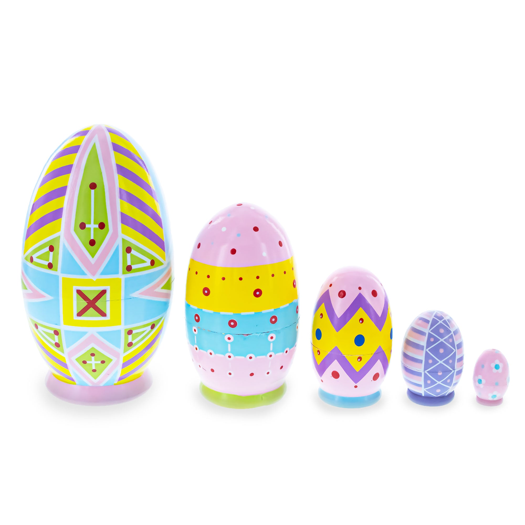 Set of 5 Ukrainian Style Easter Eggs Wooden Nesting Dolls 5 Inches , dimensions in inches: 5 x 2.3 x
