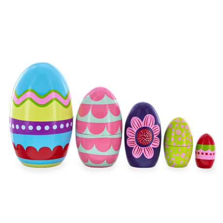 Set of 5 Colorful Easter Eggs Pysanky Wooden Nesting Dolls 5 Inches in Multi color, Oval shape