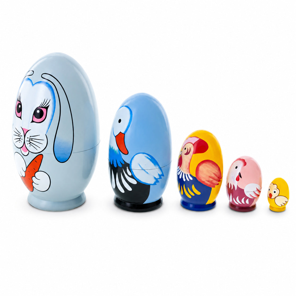 BestPysanky online gift shop sells animals stackable matryoshka stacking toy babushka style kids gift nested wood hand painted collectible figurine statuette barnyard Easter spring shelf decor