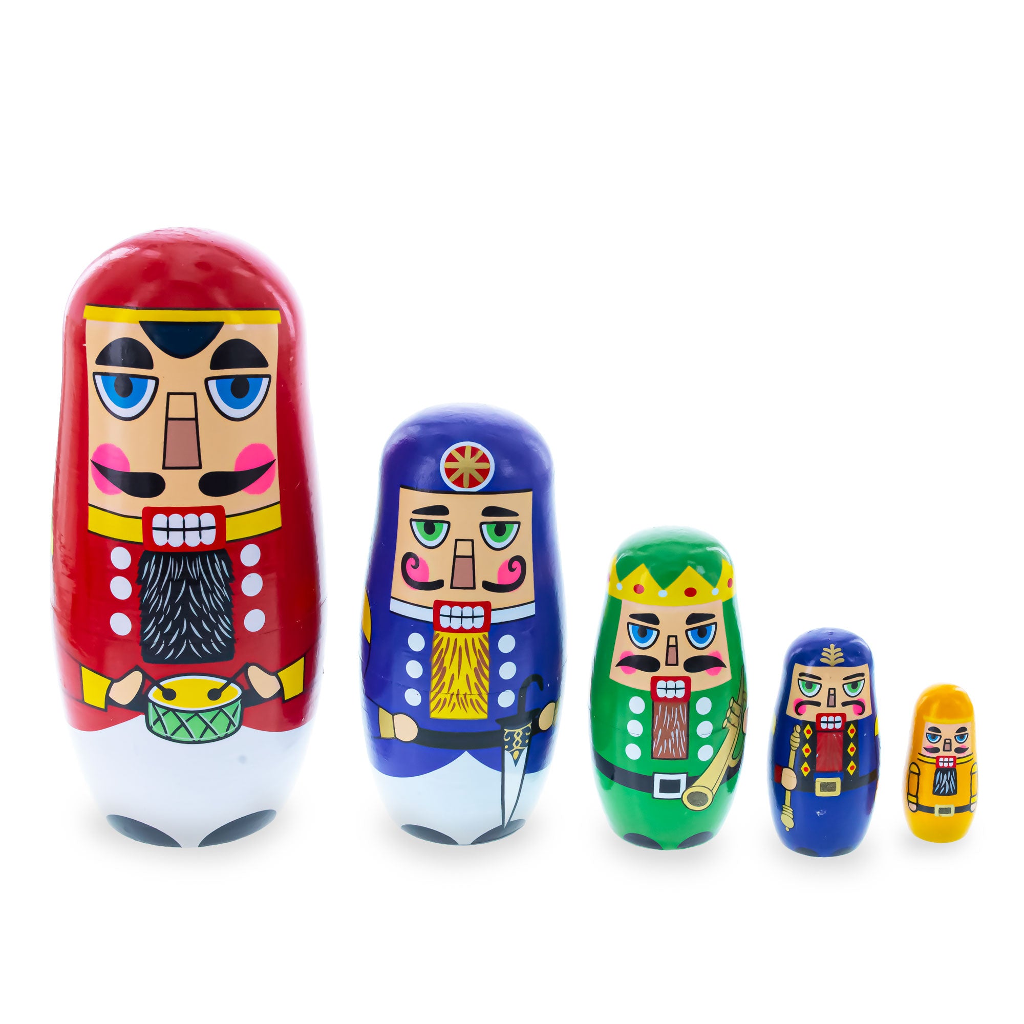 Set of 5 Nutcrackers Wooden Nesting Dolls 5.5 Inches in Multi color