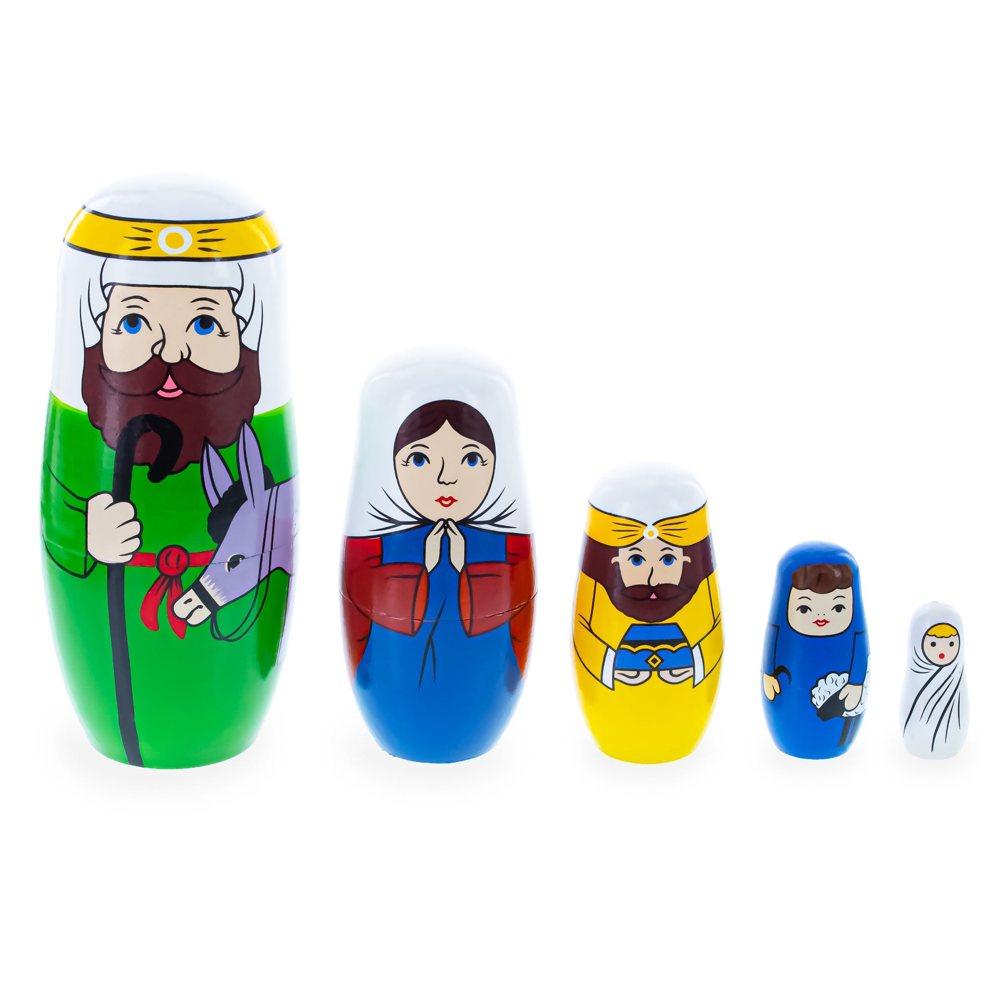 Set of 5 Nativity Scene Wooden Nesting Dolls 5.75 Inches in Blue color