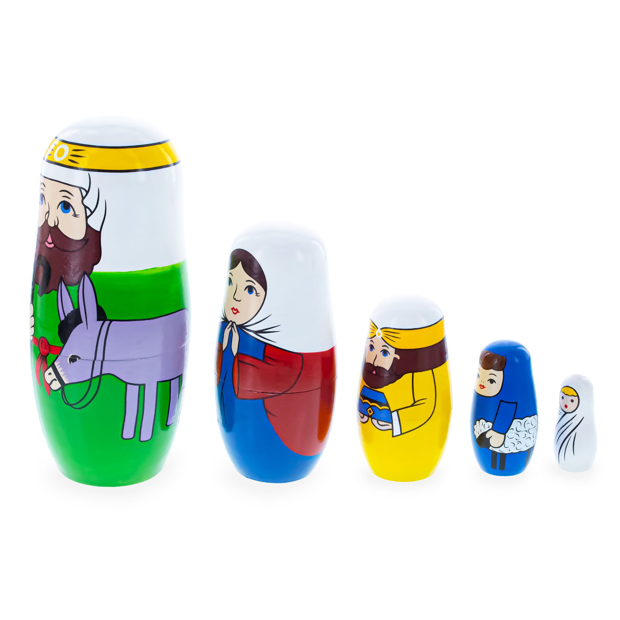 Set of 5 Nativity Scene Wooden Nesting Dolls 5.75 Inches , dimensions in inches: 5.75 x 1.8 x