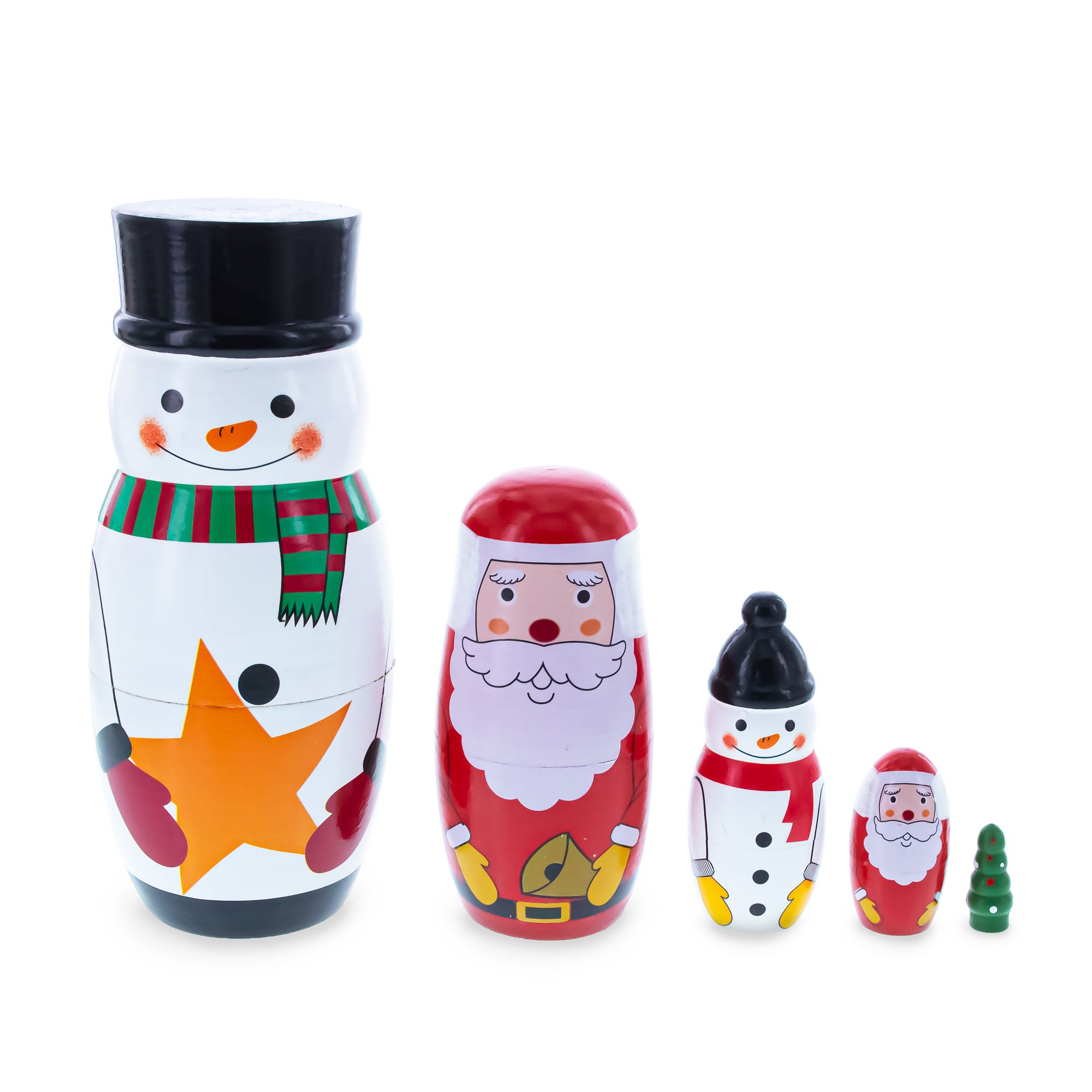 Santa, Snowman & Christmas Tree Wooden Nesting Dolls 5 Inches in Multi color