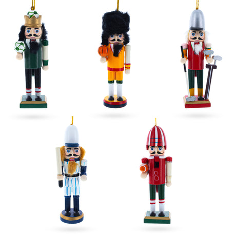 Wood 5 Sport Players Nutcrackers: Football, Golfer, Baseball, Basketball, Soccer in Red color
