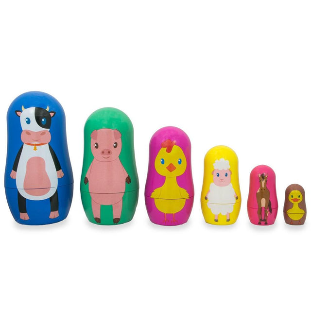 6 Farm Animals Plastic Nesting Dolls Cow, Pig, Chicken, Lamb, Horse & Duck in pink color,  shape
