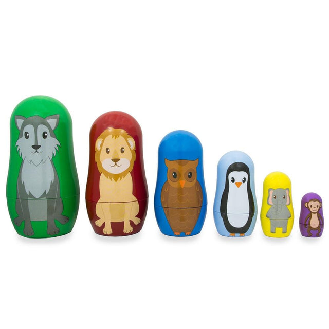 Plastic Set of 6 Wolf, Lion, Owl, Penguin Wild Animals Plastic Nesting Dolls 4.5 Inches in Multi color