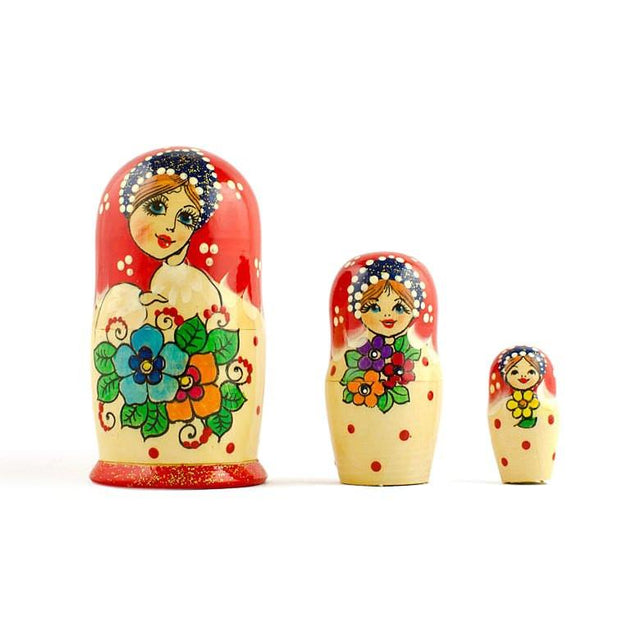 Set of 3 Flower Dress Girls Wooden Nesting Dolls Matryoshka 3.5 Inches in Red color,  shape