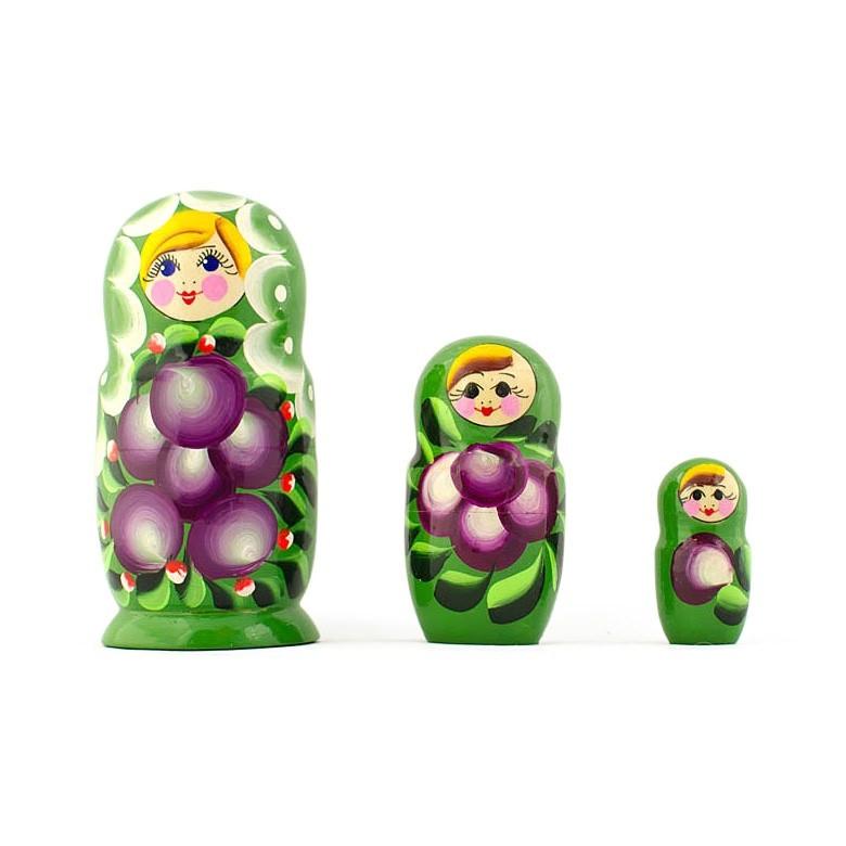 3 Daffodils Flowers on Green Dress  Wooden Nesting Dolls 3.5 Inches in Green color