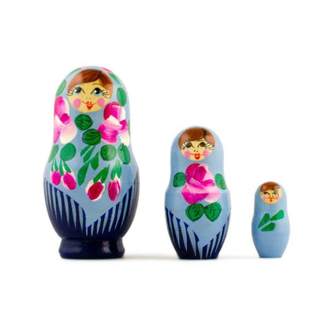 Set of 3 Blue Dress Wooden  Nesting Dolls 3.5 Inches in blue color,  shape