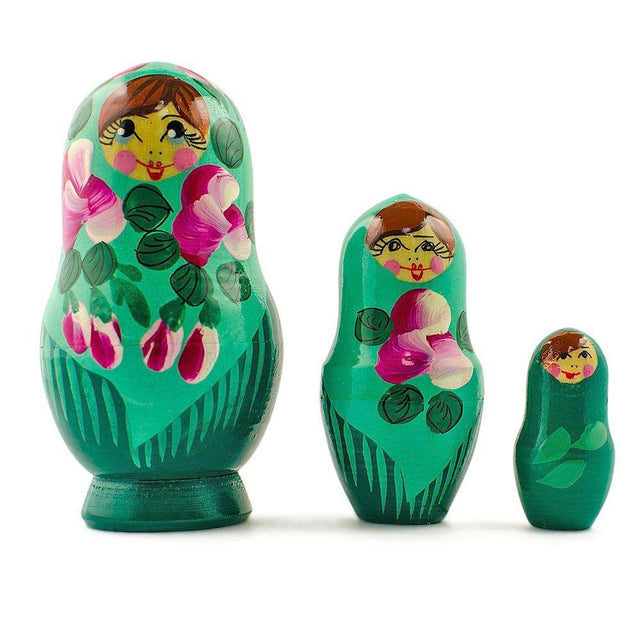 Wood Set of 3 Deep Green Dress Wooden  Nesting Dolls 3.5 Inches in Green color