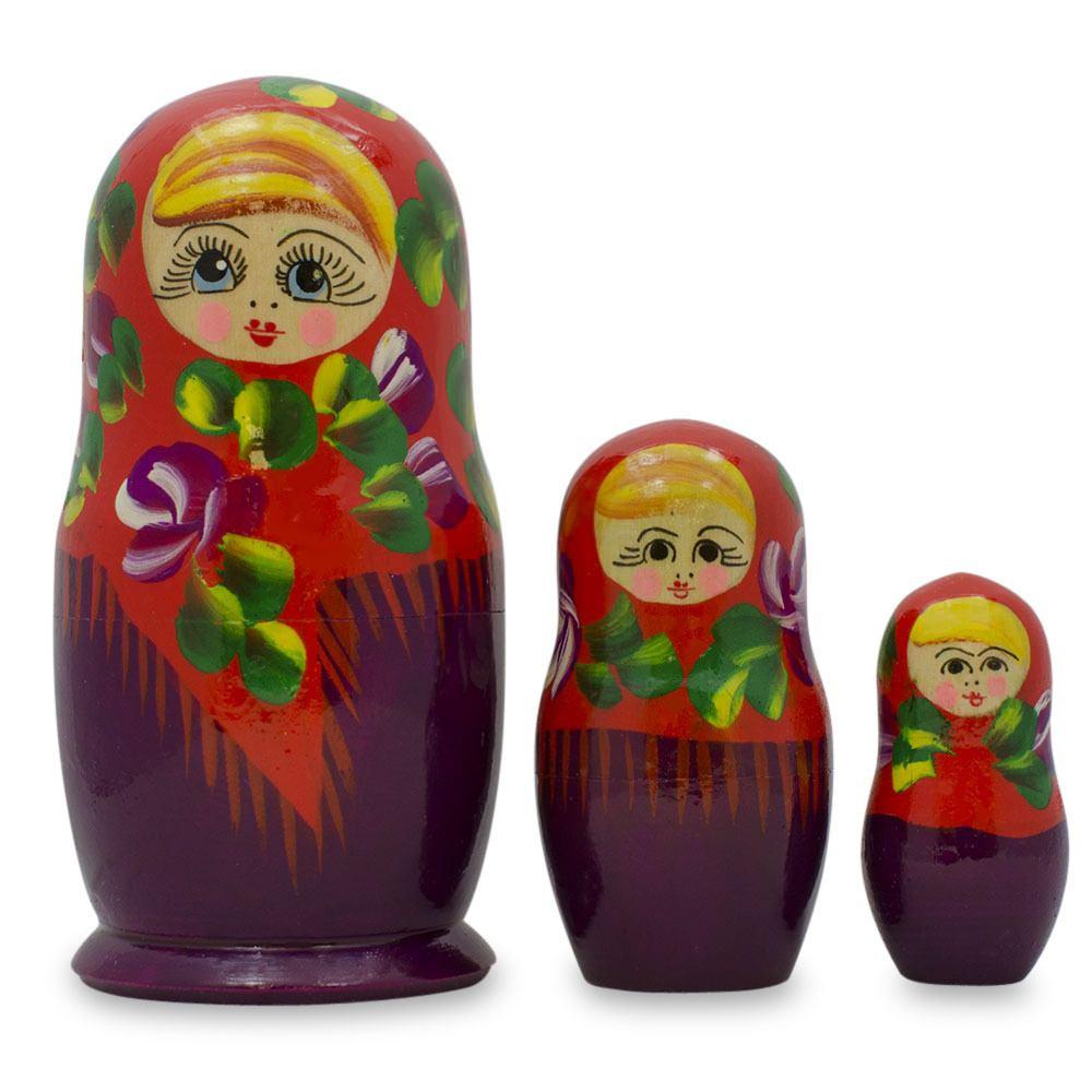 Set of 3 Deep Red Dress Wooden  Nesting Dolls 3.5 Inches in Red color