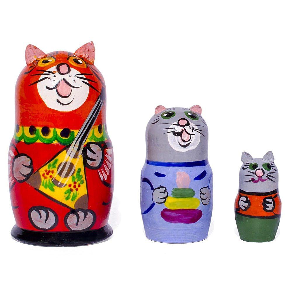 Set of 3 Cat with Balalaika Music Instrument Nesting Dolls 3.5 Inches in Red color,  shape