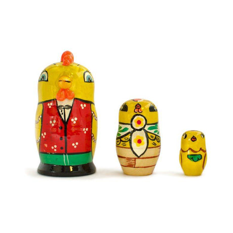 3 Rooster and Chicks Wooden Easter Nesting Dolls 3.5 Inches in Multi color,  shape