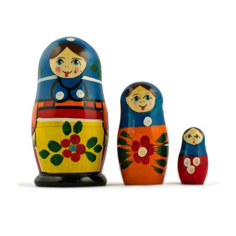 Wood Set of 3 Folk Girls in Blue Scarf Wooden Nesting Dolls 3.5 Inches in Multi color