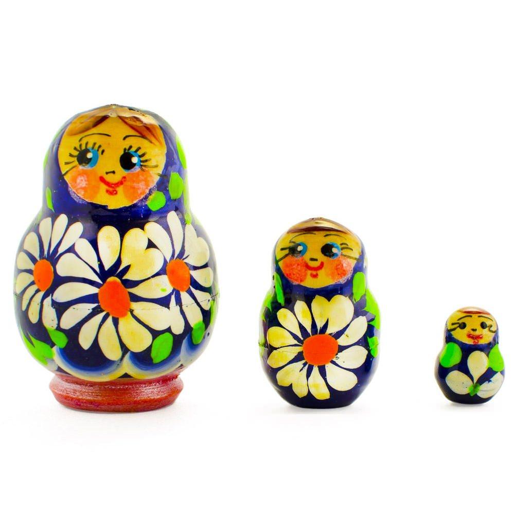 Set of 3 Daisy Flowers Miniature Wooden Nesting Dolls 2 Inches in Blue color