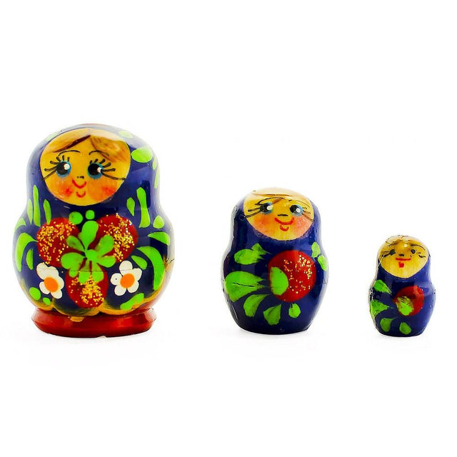 Wood Set of 3 Miniature Flowers Nesting Dolls 2 Inches in Blue color