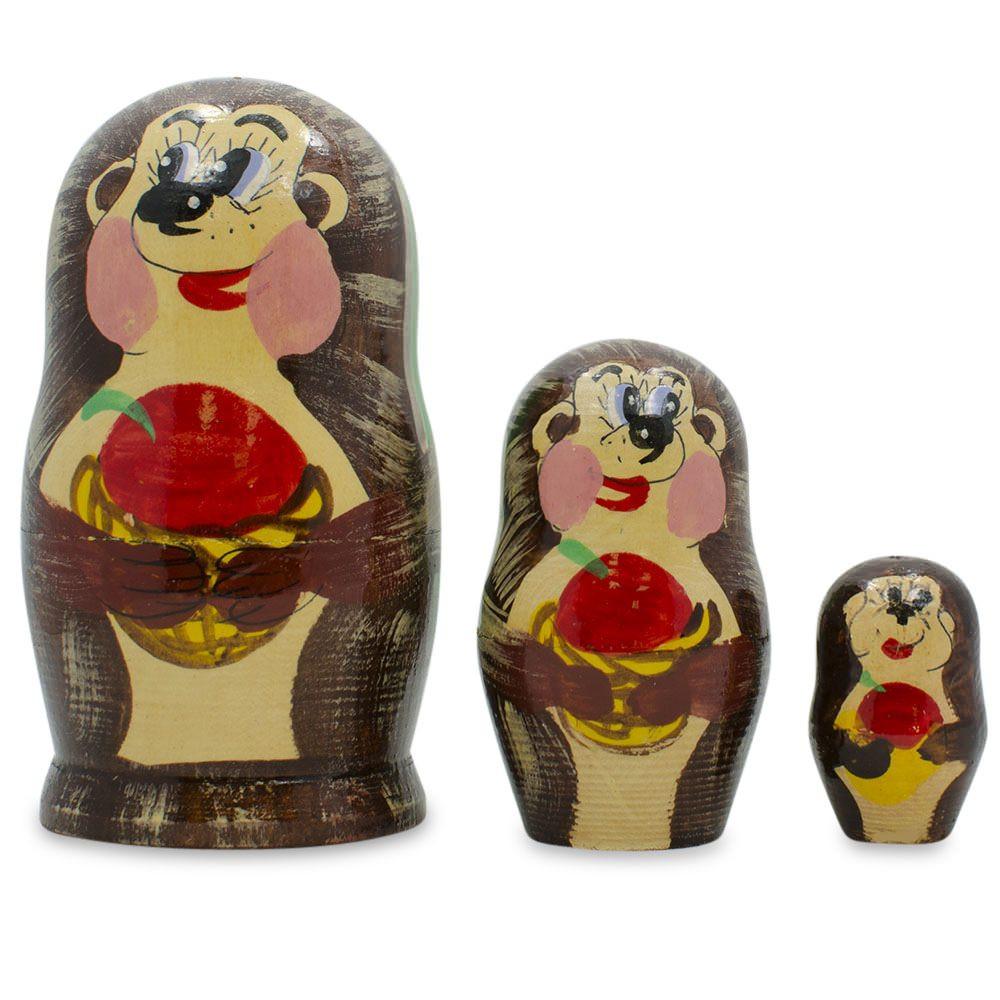 Set of 3 Hedgehogs with Apples Wooden Nesting Dolls 4 Inches in Brown color