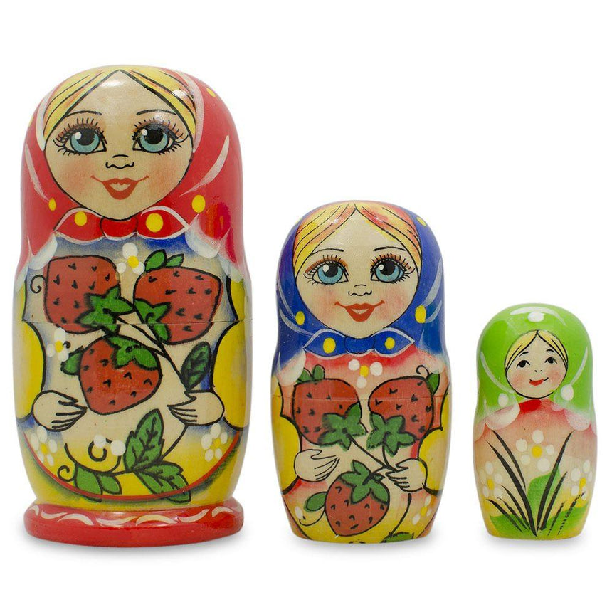 3 Strawberries Multi-Color  Nesting Dolls 4 Inches in Red color