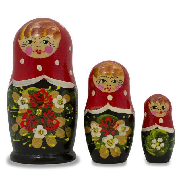 Wood Set of 3 Red and Black Dress Nesting Dolls 3.5 Inches in Red color