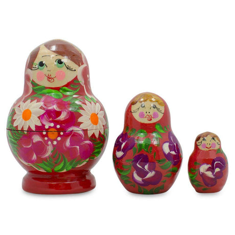 Set of 3 Floral Red Miniature  Nesting Dolls 3.5 Inches in Red color,  shape