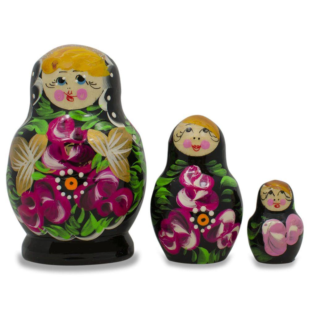 Set of 3 Floral on Black Dress  Dolls 3.5 Inches in Multi color