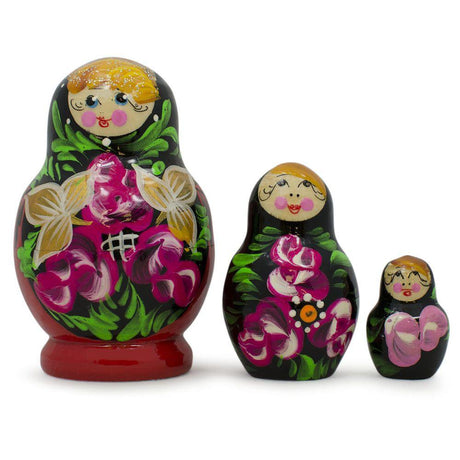 Set of Flowers on Black and Red Dress Nesting Dolls 3.5 Inches in Multi color,  shape
