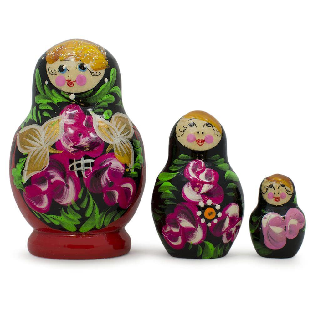 Wood Set of Flowers on Black and Red Dress Nesting Dolls 3.5 Inches in Multi color