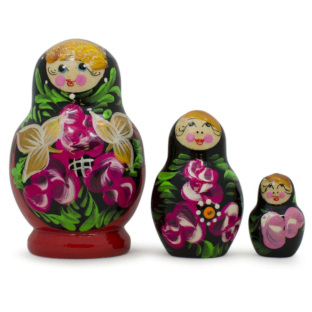 Set of Flowers on Black and Red Dress Nesting Dolls 3.5 Inches in Multi color