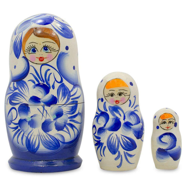 Set of 3 Gzhel Painting Blue Wooden Matryoshka Nesting Dolls 3.75 Inches in Blue color,  shape