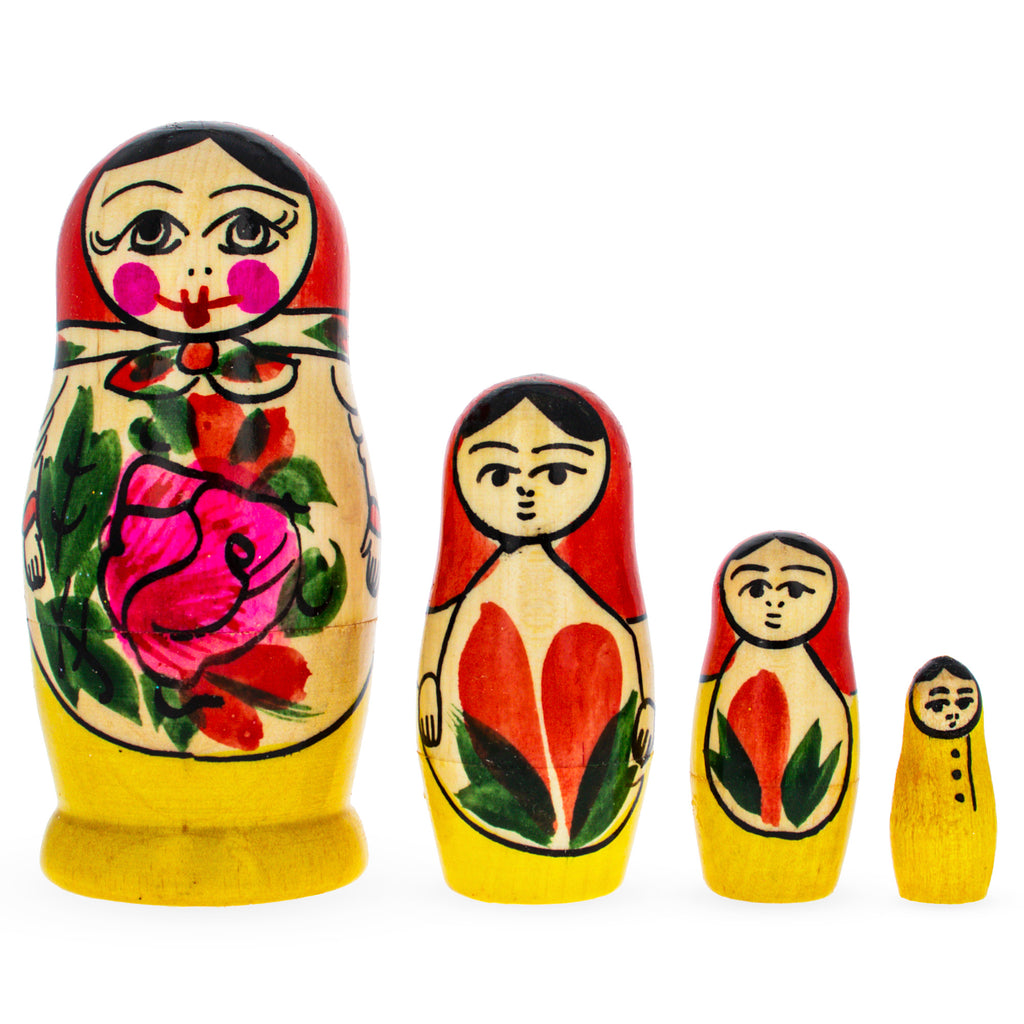 Set of 4 Semyonov Traditional Wooden Nesting Dolls 4 Inches in Yellow color
