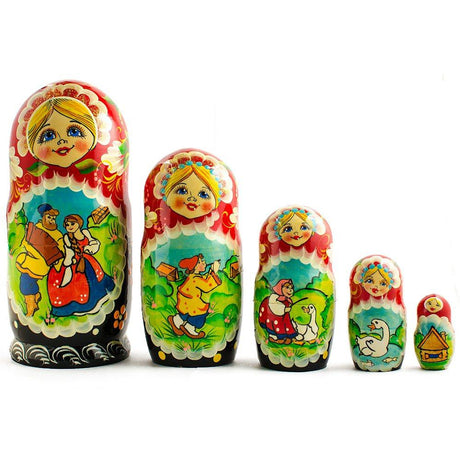 Set of 5 Summer in the Village Wooden Nesting Dolls 6.5 Inches in Multi color,  shape