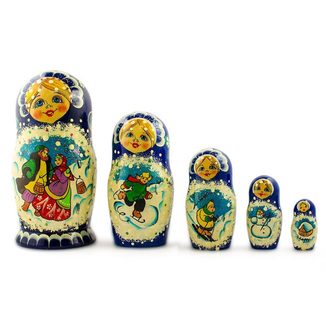Set of 5 Family Christmas Celebration Wooden Nesting Dolls 6.5 Inches in Multi color,  shape