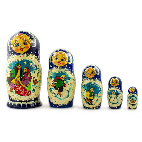 Wood Set of 5 Family Christmas Celebration Wooden Nesting Dolls 6.5 Inches in Multi color