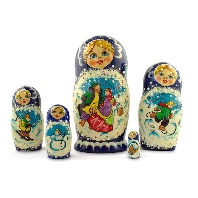 Set of 5 Family Christmas Celebration Wooden Nesting Dolls 6.5 InchesCzech Republic , dimensions in inches: 3 x 7 x 3